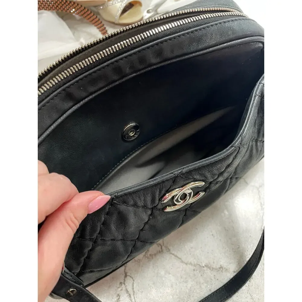 CHANEL Iridescent Calfskin Quilted Relax CC Camera Case Black Silver
